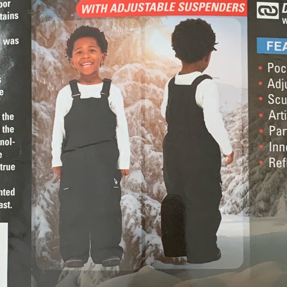 New Sz 2T Kids Performance Snow Bib Black Snow Pants Adjustable Suspenders